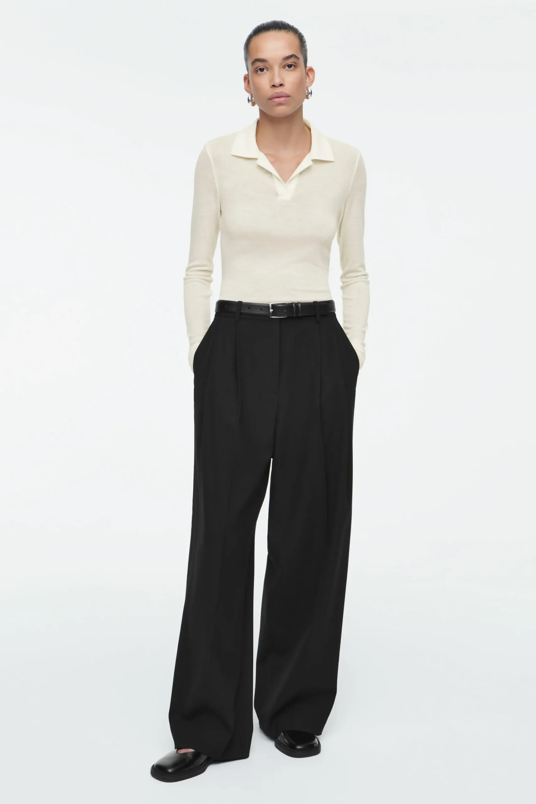 COS PANTALON LARGE EN SERGÉ DÉCONTRACTÉ NOIR Fashion